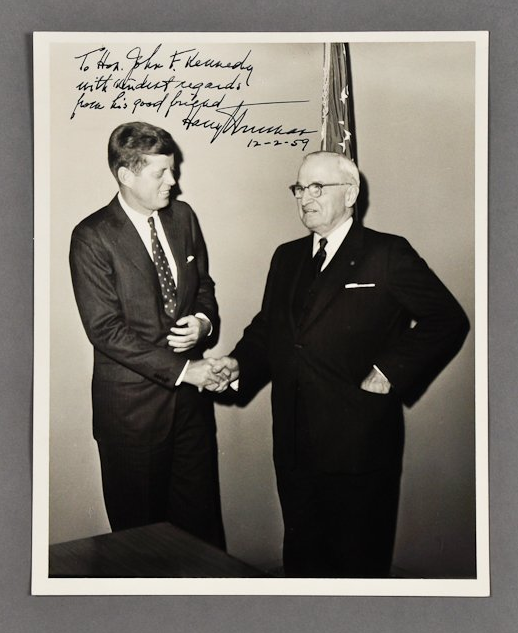 JFK shakes hands with Harry Truman in 1959. The inscription reads: "To Hon. John F. Kennedy with kindest regards from his good friend, Harry S. Truman, 12-2-59" <a href="http://www.mcinnisauctions.com/" rel="nofollow noopener" target="_blank" data-ylk="slk:(Photo courtesy of John McInnis Auctioneers);elm:context_link;itc:0;sec:content-canvas" class="link ">(Photo courtesy of John McInnis Auctioneers)</a>