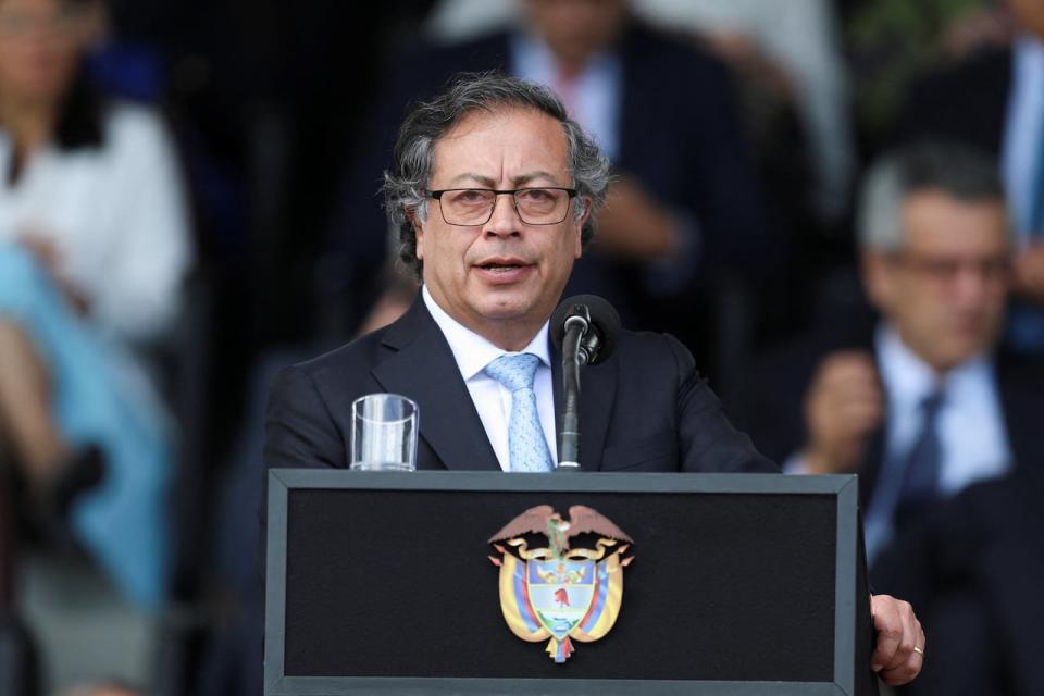 Colombia's President Gustavo Petro speaks during the ceremony for the new Director of Police, General William Rene Salamanca (not pictured), at the General Santander Police School in Bogota, Colombia May 9, 2023. REUTERS/Luisa Gonzalez