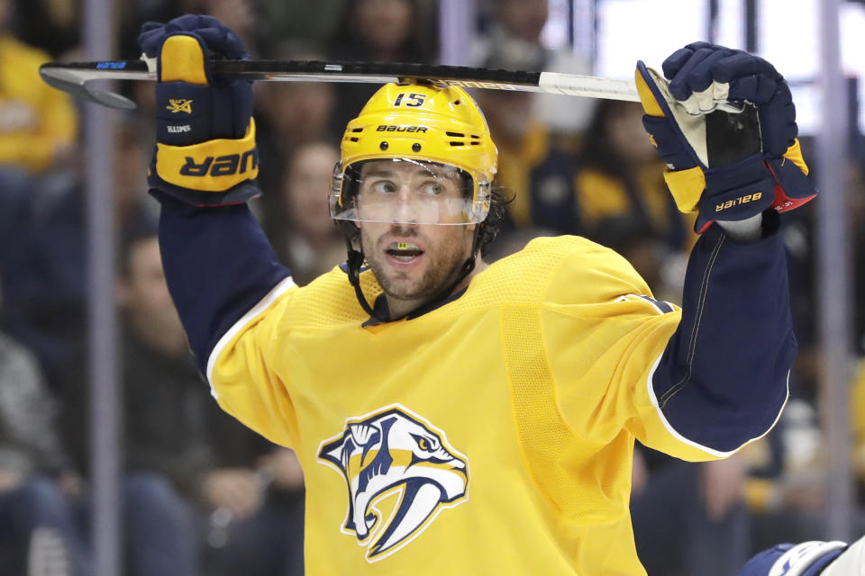 Nashville Predators right wing Craig Smith reacts to a missed scoring chance against the Toronto Maple Leafs in the second period of an NHL hockey game Monday, Jan. 27, 2020, in Nashville, Tenn. (AP Photo/Mark Humphrey)