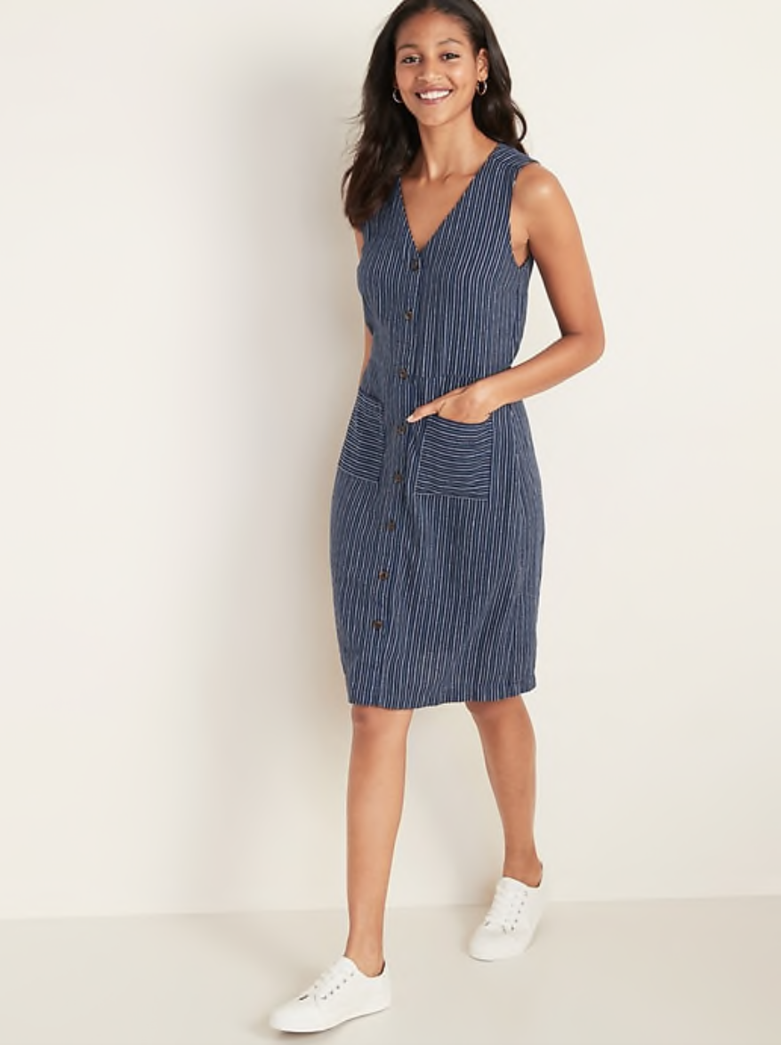 Sleeveless Striped Linen-Blend Fit & Flare Dress for Women in Navy Stripe