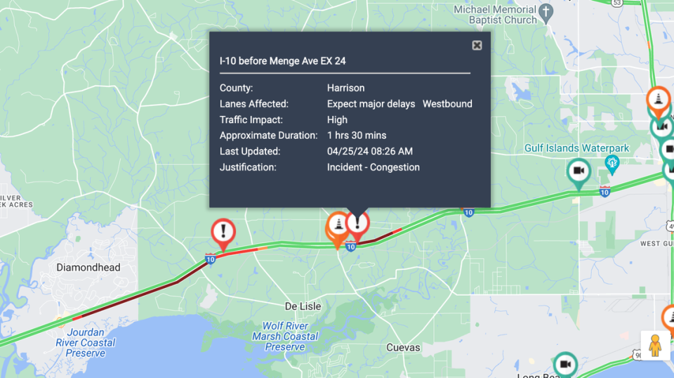 The Mississippi Department of Transportation warned of delays on Interstate 10 near the Menge Avenue exit on Thursday.