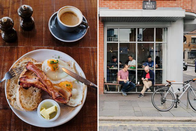 <p>Simon Watson</p> From left: A well-rounded breakfast at Established Coffee, in Belfast’s Cathedral Quarter; catching up outside Established Coffee.