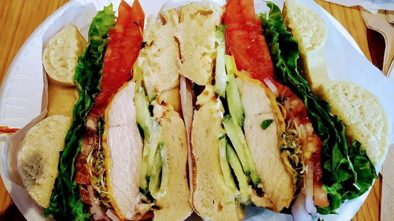 Turkey bagel sandwich on plate