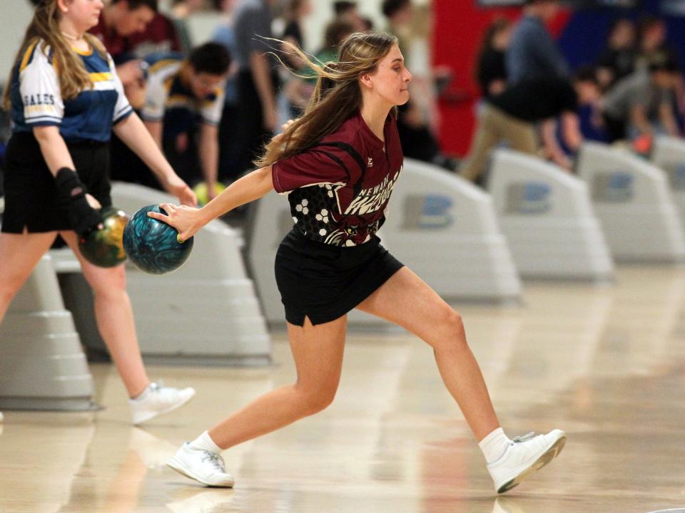 Newark senior Nadia Liesen bowls against Lancaster at Park Lanes on Feb. 9. Liesen helped the Wildcats wrap up a perfect run through the Ohio Capital Conference-Buckeye Division, their third consecutive league title.