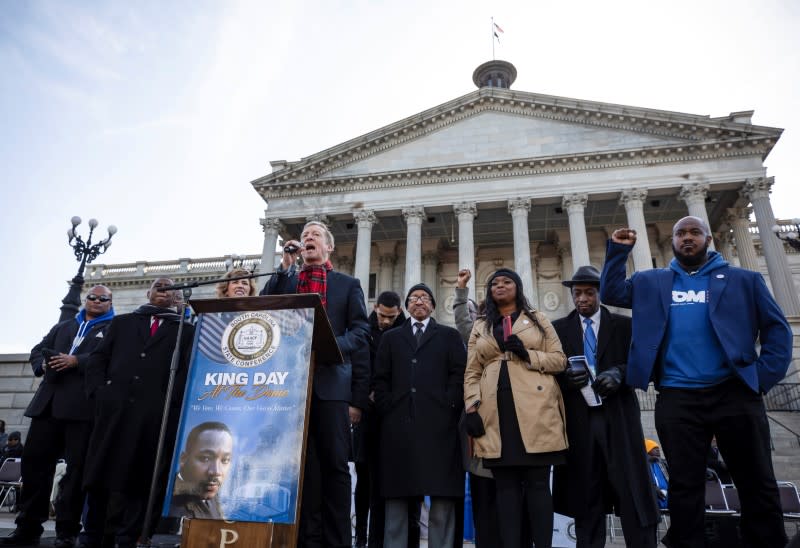 Democratic U.S. presidential candidate Tom Steyer speaks during Martin Luther King Jr. Day in Columbia