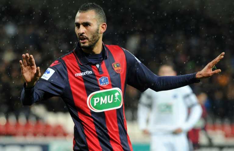 Ajaccio forward Khalid Boutaid celebrates after scoring during a French Cup football match between Saint-Malo and Ajaccio on February 9, 2016