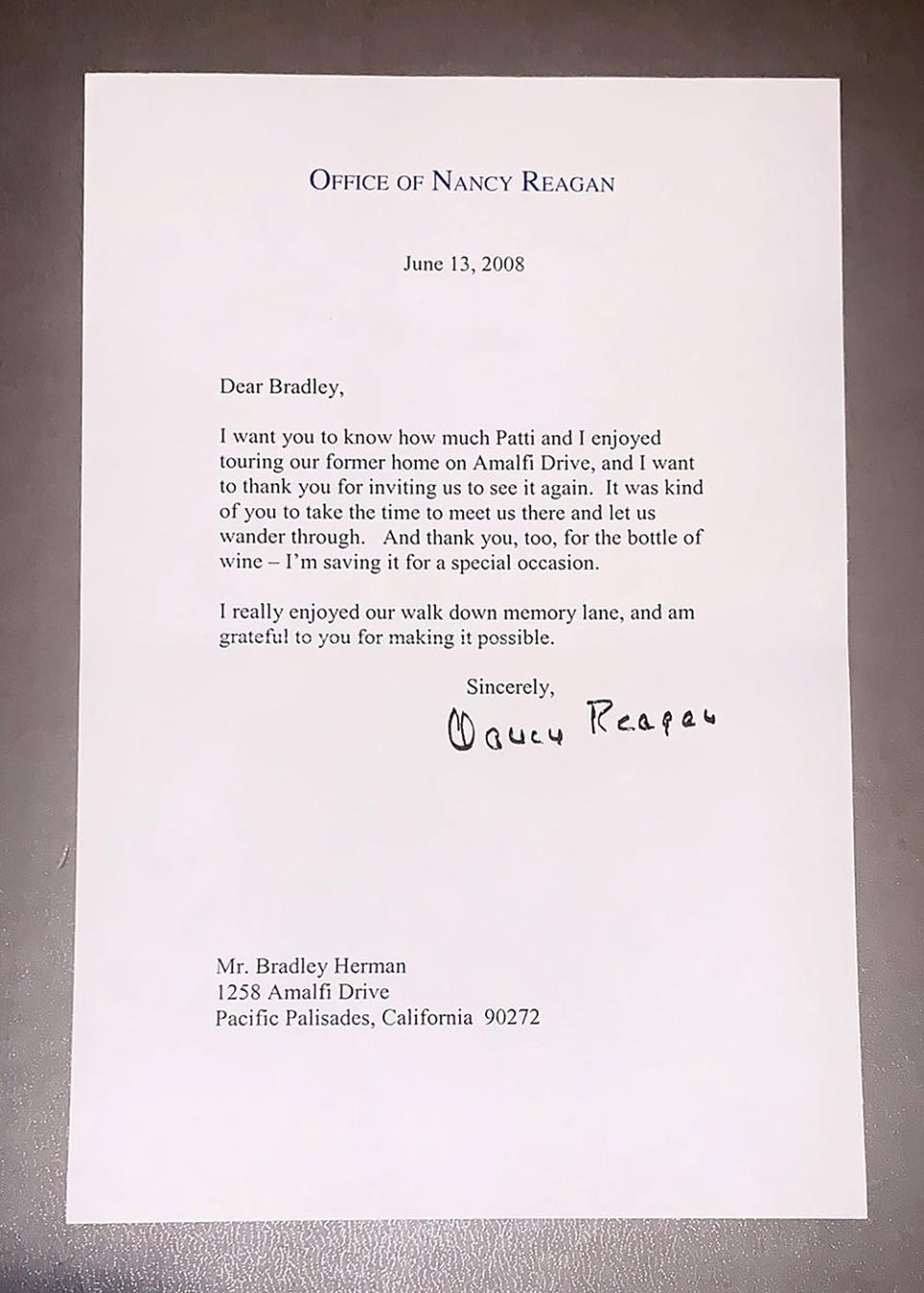 A thank-you note from Nancy Reagan, whose former home Herman purchased