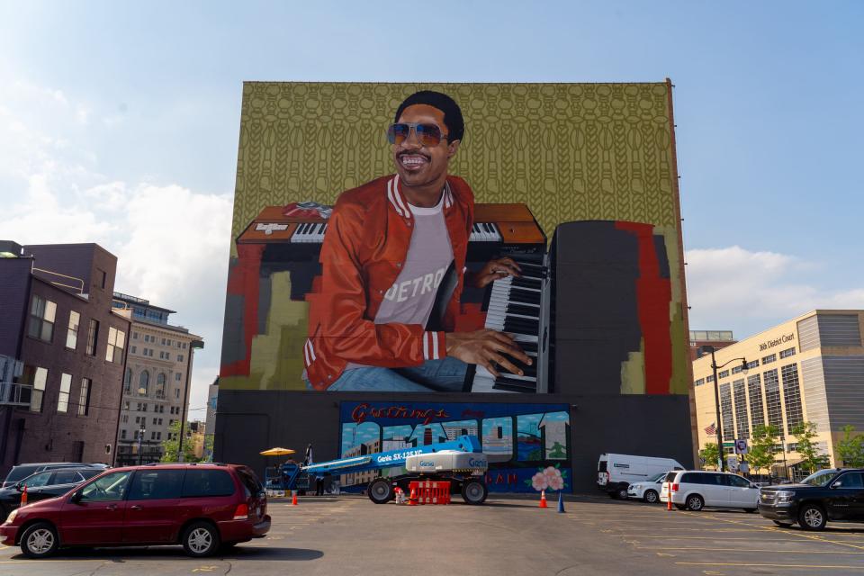 A mural of Motown Artist Stevie Wonder on the rear of Detroit Music Hall in Detroit is seen on Wednesday, July 3, 2019.