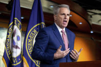 House Minority Leader Kevin McCarthy, R-Calif., speaks to reporters during his weekly press conference at the Capitol in Washington, Thursday, Jan. 13, 2022. McCarthy is refusing a request by the House panel investigating the U.S. Capitol insurrection to submit to an interview and turn over records pertaining to the deadly riot. McCarthy claims the investigation is not legitimate and accuses the panel of “abuse of power.” (AP Photo/Amanda Andrade-Rhoades)