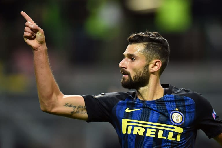 Inter Milan's Italian midfielder Antonio Candreva celebrates after scoring a goal during a Europa League match against Southampton in Milan on October 20, 2016