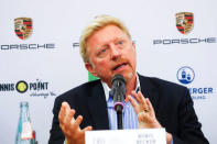 Three-times Wimbledon champion Boris Becker gestures as he is announced as German Tennis Federation's (DTB) new head of men's tennis during a news conference in Frankfurt, Germany, August 23, 2017. REUTERS/Kai Pfaffenbach