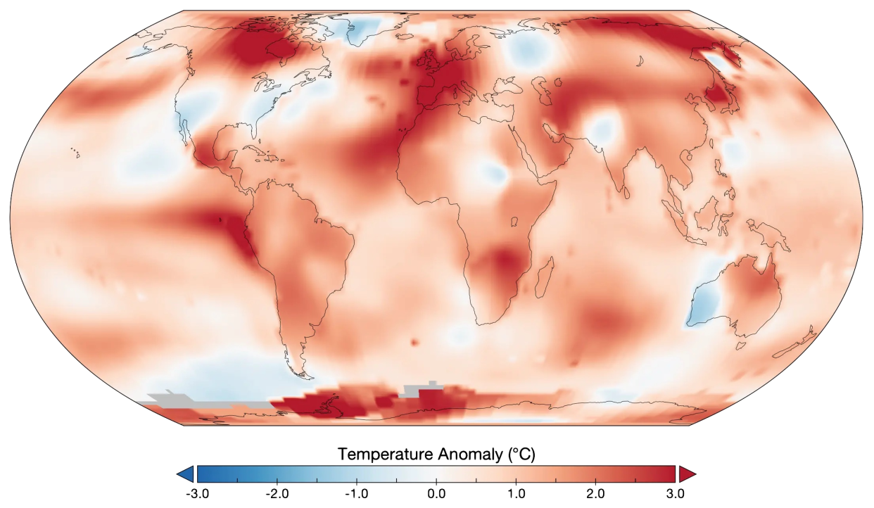 June 2023 temperature anomaly relative to the average June temperature from 1951 to 1980. NASA
