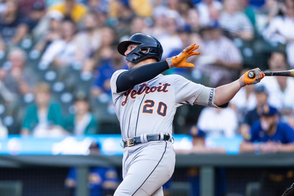 Detroit Tigers first baseman Spencer Torkelson (20) hits a single during the first inning against the Seattle Mariners at T-Mobile Park in Seattle on Friday, July 14, 2023.