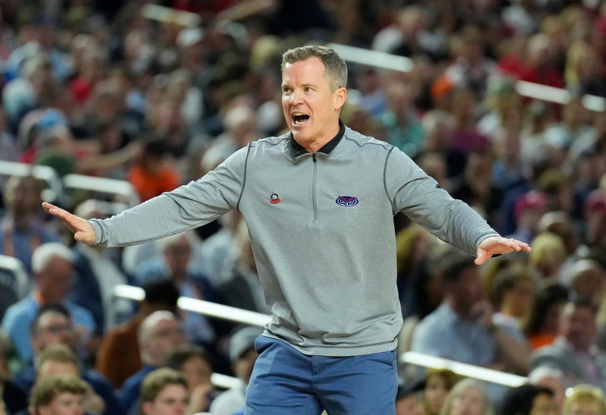 Apr 1, 2023; Houston, TX, USA; Florida Atlantic Owls head coach Dusty May reacts against the San Diego State Aztecs in the semifinals of the Final Four of the 2023 NCAA Tournament at NRG Stadium. Mandatory Credit: Robert Deutsch-USA TODAY Sports