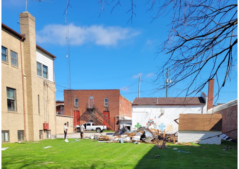 There were downed trees, displaced or damaged towers and a leaning chimney on the building of North Central Ohio Radio Group after the April 17 tornado.