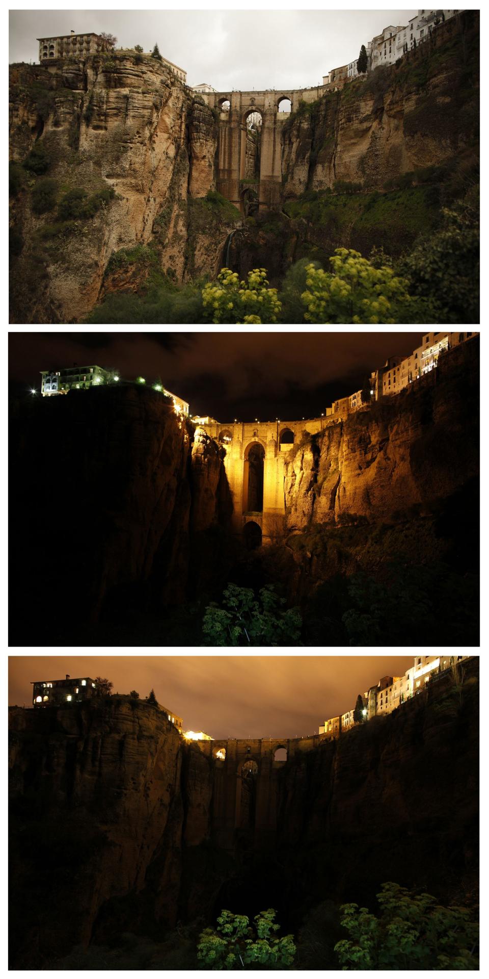 A combination photo shows the "Puente Nuevo" (New Bridge) in the day, at night and during Earth Hour in Ronda, near Malaga