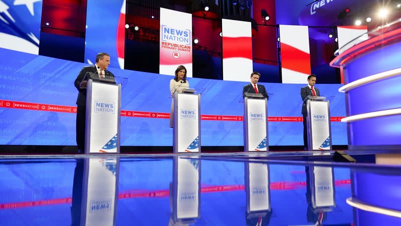 Republican presidential candidates from left, former New Jersey Gov. Chris Christie, former U.N. Ambassador Nikki Haley, Florida Gov. Ron DeSantis, and businessman Vivek Ramaswamy during a Republican presidential primary debate hosted by NewsNation on Wednesday, Dec. 6, 2023, at the Moody Music Hall at the University of Alabama in Tuscaloosa, Ala.