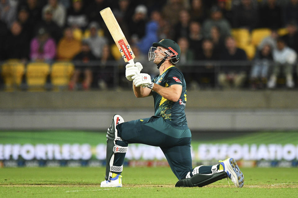 Australia's Mitchell Marsh bats during the T20 cricket international between Australia and New Zealand in Wellington, New Zealand, Wednesday, Feb. 21, 2024. (Chris Symes/Photosport via AP)