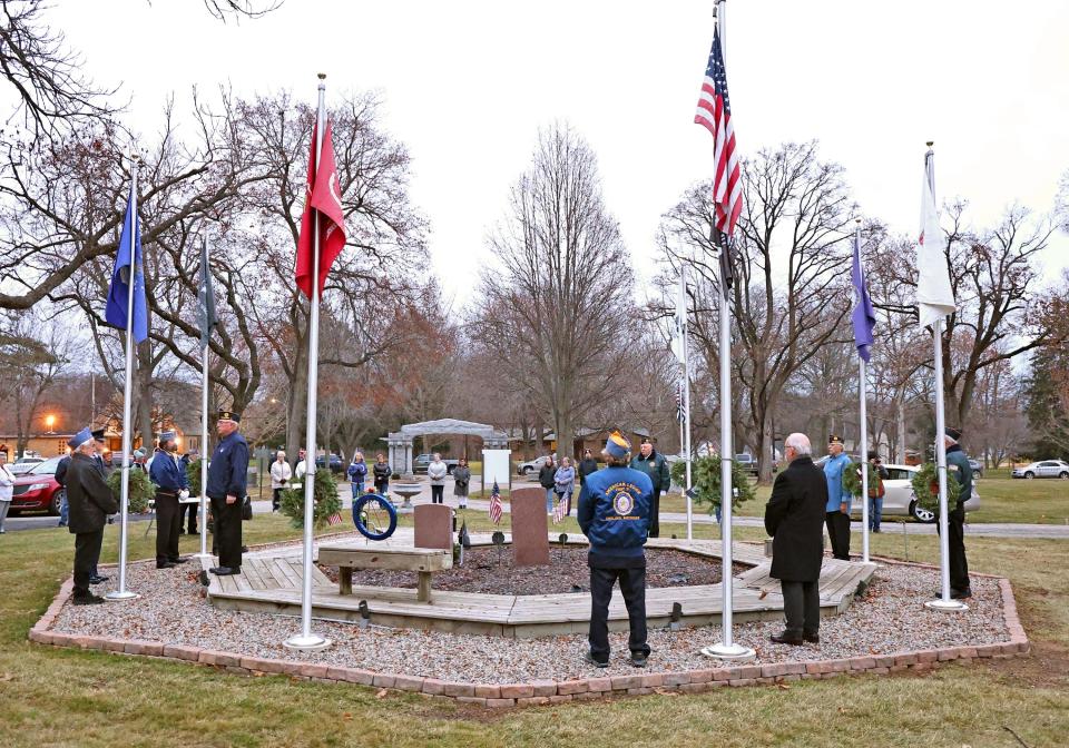 A total of seven wreaths were placed in Tecumseh's Brookside Cemetery on Saturday, Dec. 16, 2023, honoring branches of the United States military during a Wreaths Across America ceremony. The ceremonial wreaths were hung in honor of the United States Army, Marine Corps, Navy, Air Force, Coast Guard, Space Force and prisoners of war and those military members missing in action.