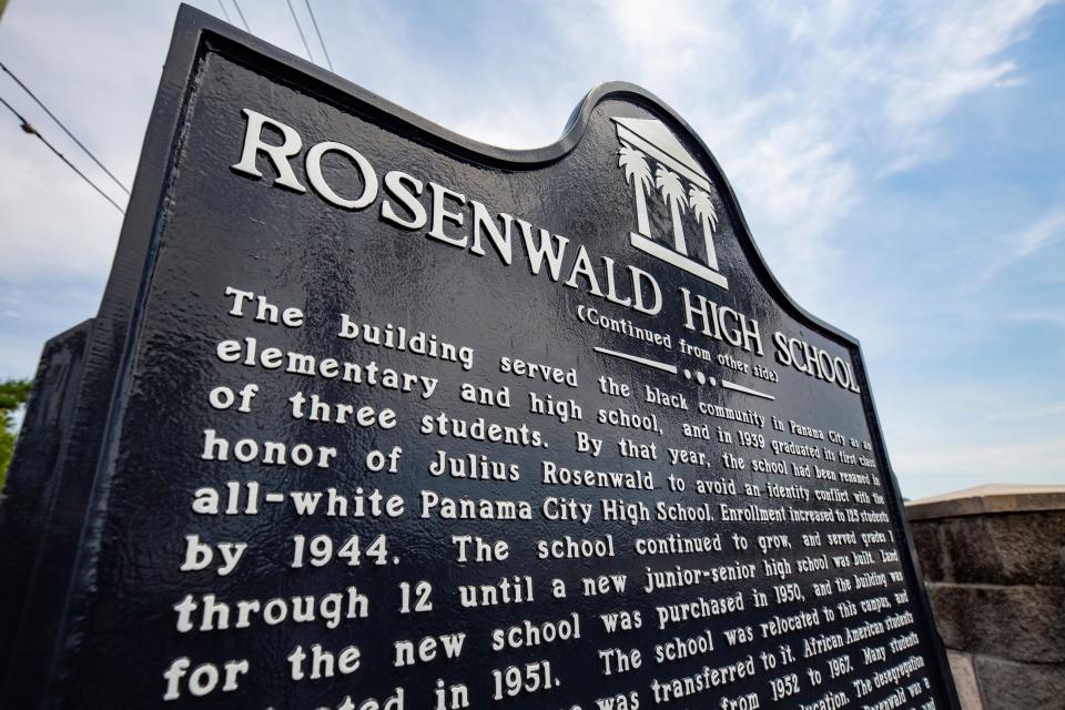 The historical marker recognizes Panama City's Rosenwald H.S. and the classes that attended from 1937 to 1967. In 1968 students were split up to desegregate the city schools.