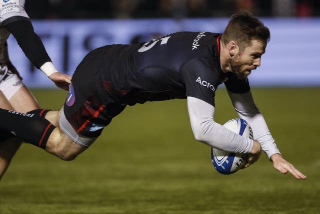 Saracens’ Elliot Daly scores one of his three tries during their 48-28 Heineken Champions Cup win over Lyon (Ben Whitley/PA).