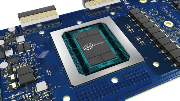 A circuit board featuring a Intel Nervana processor.