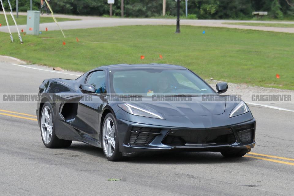<p>This second C8 is painted in Shadow Gray, which was a color also offered on the C7. The interior is the shockingly bright Two-Tone Blue.</p>