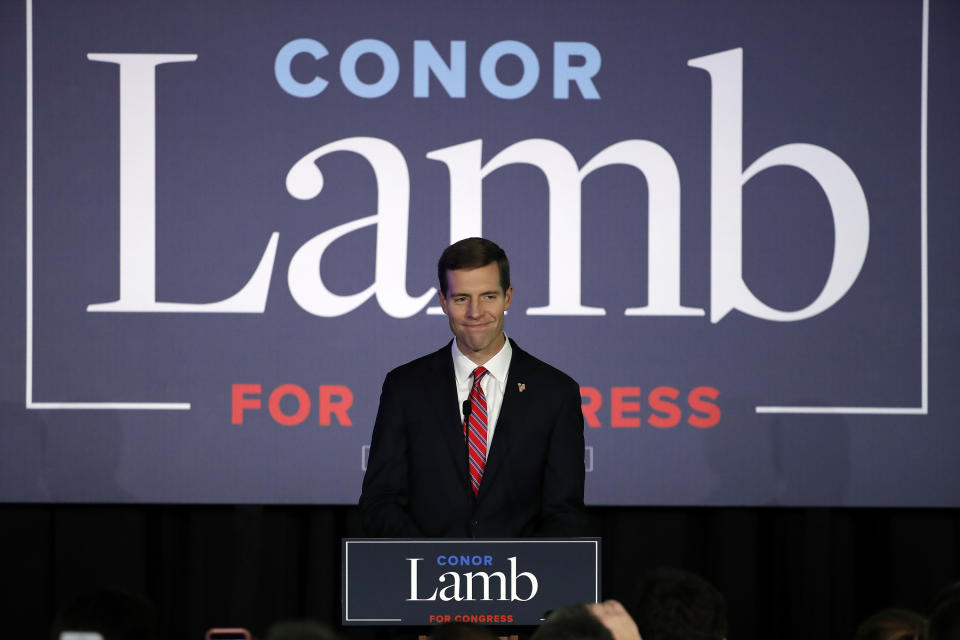 Rep. Conor Lamb, D-Pa, smiles as he greets supporters after claiming victory in Pennsylvania's 17th Congressional District, at his election night party in Cranberry, Pa., Tuesday, Nov. 6, 2018. (AP Photo/Gene J. Puskar)