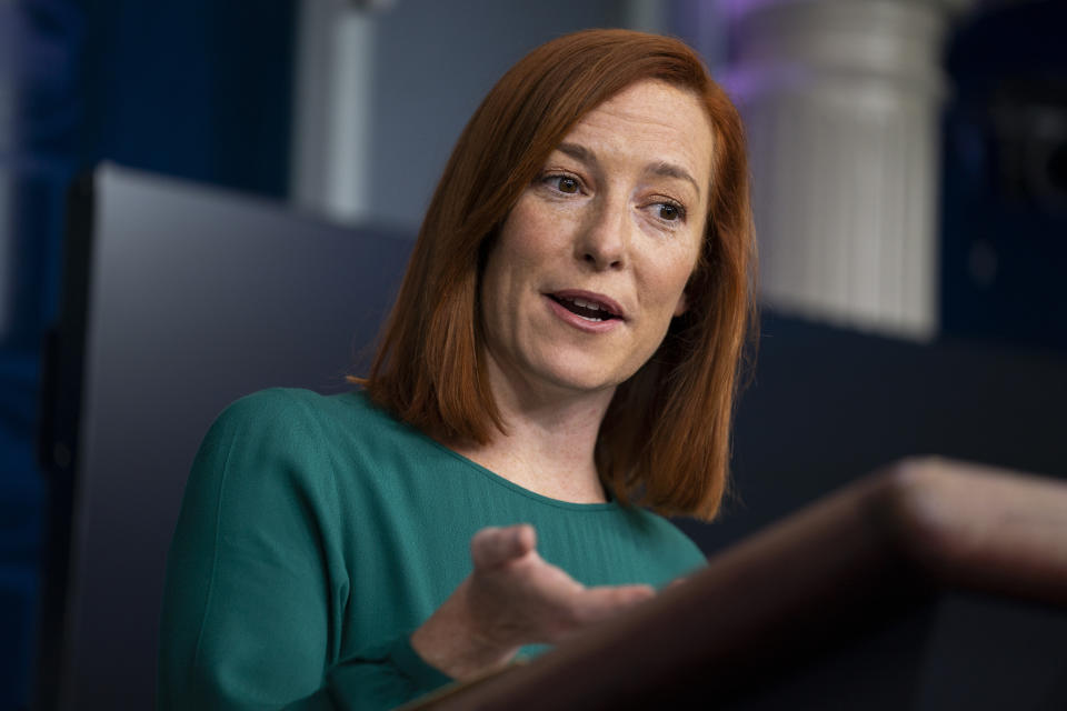 White House press secretary Jen Psaki speaks during a press briefing at the White House, Monday, Jan. 25, 2021, in Washington. (AP Photo/Evan Vucci)