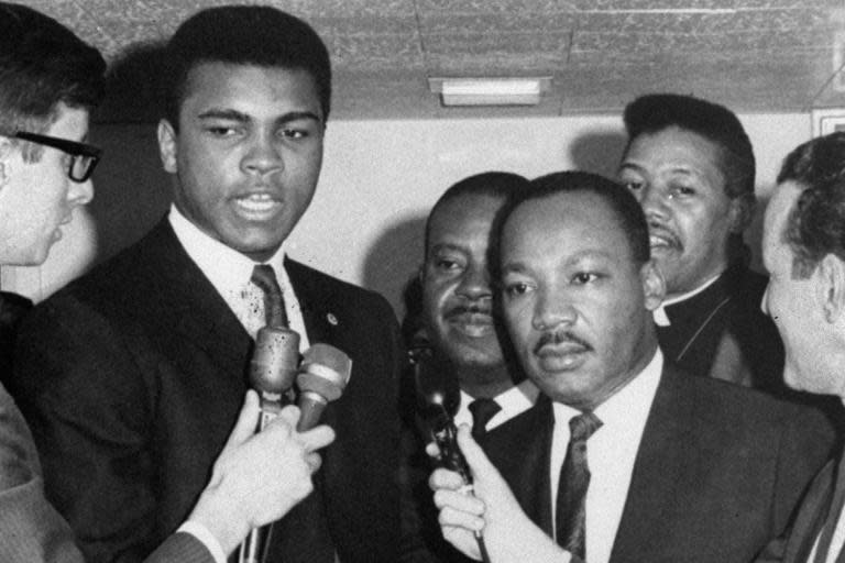 Muhammad Ali and Martin Luther King in 1967 at a rally in Louisville, condemning the Vietnam War. (AP)