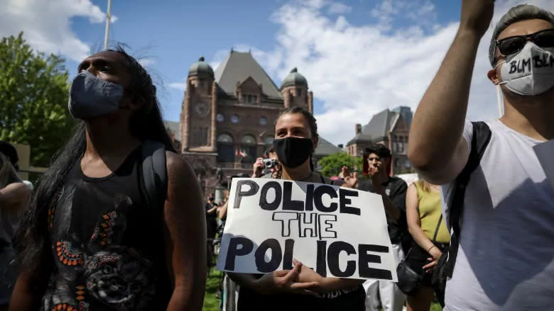 Anti-racism demonstrators march in Toronto on June 6, 2020, more than a week after George Floyd, an unarmed Black man, was killed by a white police officer in Minnesota. (Evan Mitsui/CBC)