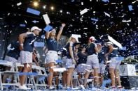 Aug 20, 2017; West Des Moines, IA, USA; Confetti drops on the USA during the closing ceremony for the 2017 Solheim Cup international golf tournament at Des Moines Golf and Country Club. Brian Spurlock-USA TODAY Sports