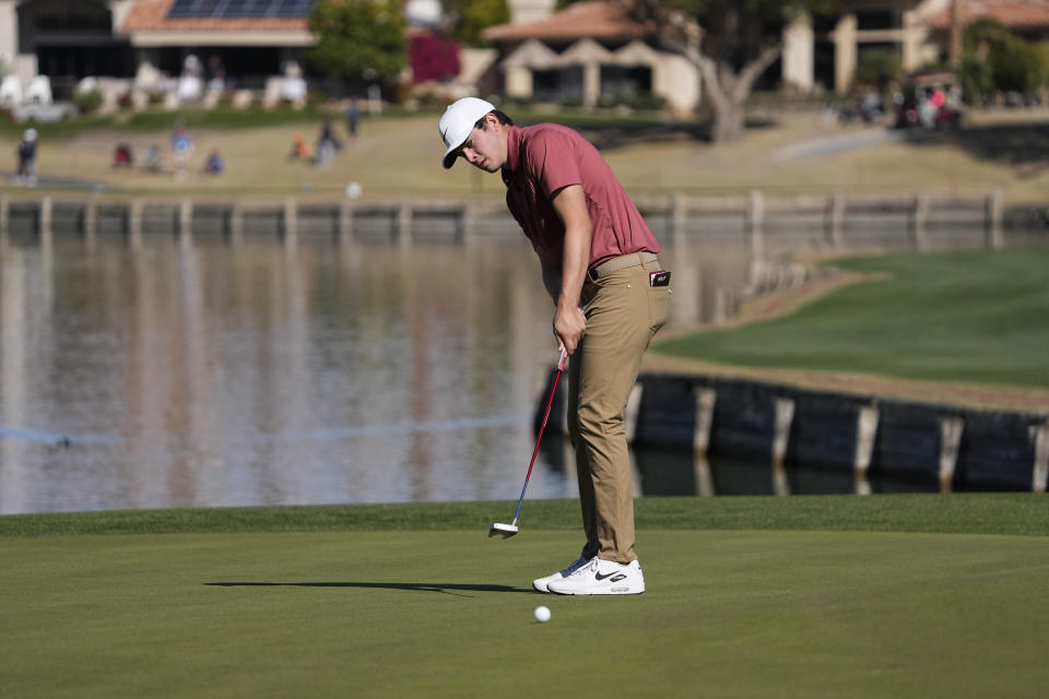 Davis Thompson putts on the seventh hole during the final round of the American Express golf tournament on the Pete Dye Stadium Course at PGA West Sunday, Jan. 22, 2023, in La Quinta, Calif. (AP Photo/Mark J. Terrill)
