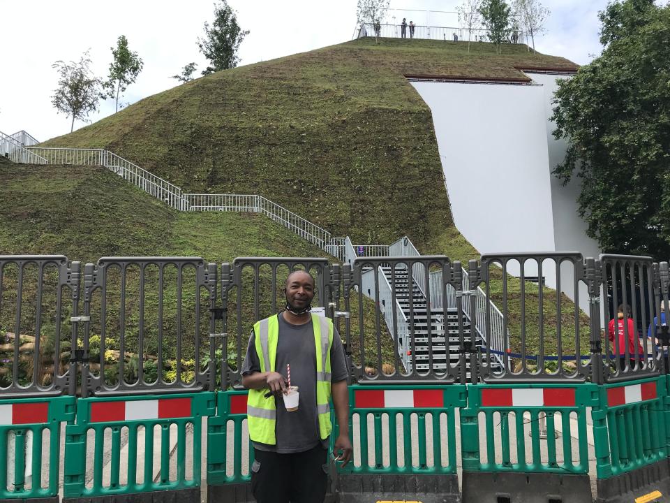Scaffolder Mo Martins stands in front of Marble Arch Mound. (Rory Sullivan)