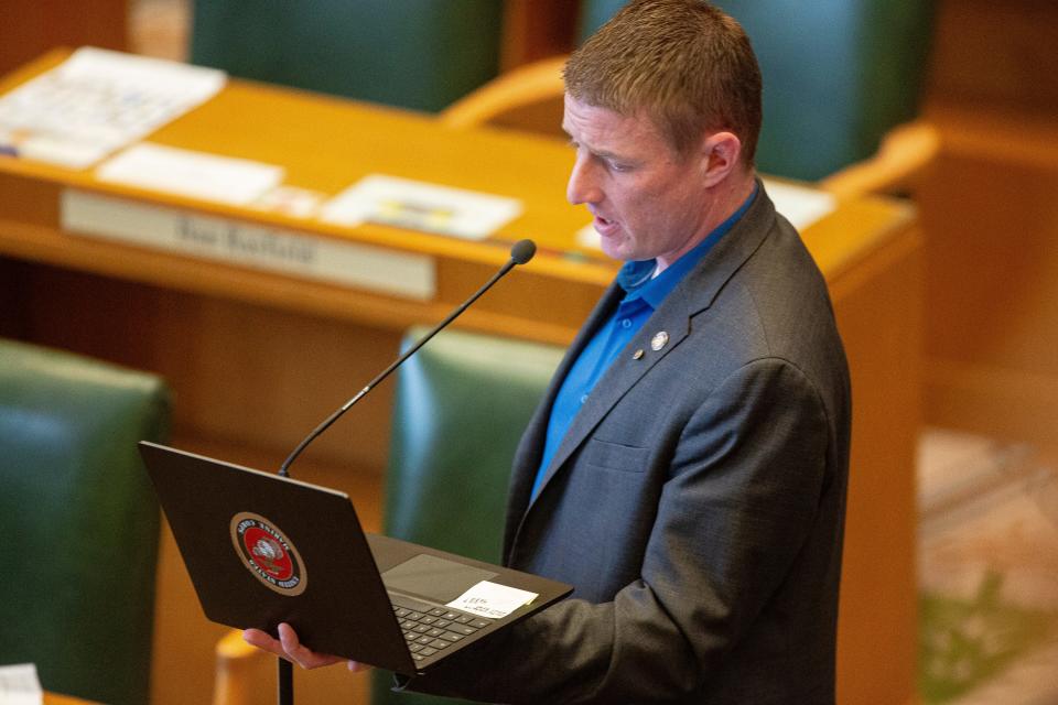 Rep. James Hieb, R-Canby, speaks in favor of House Bill 4002 at the Oregon State Capitol on Feb. 29 in Salem.
