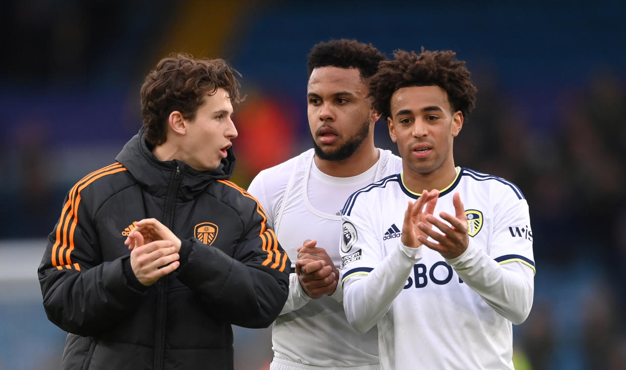 After Tyler Adams (right) was injured, Brenden Aaronson (left) and Weston McKennie (center) failed to impress for Leeds. (Photo by Stu Forster/Getty Images)