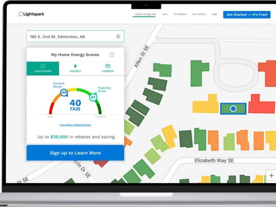 Maps on the software company Lightspark's website show estimated energy efficiency ratings for thousands of single-family homes in Edmonton and Calgary. (Lightspark - image credit)