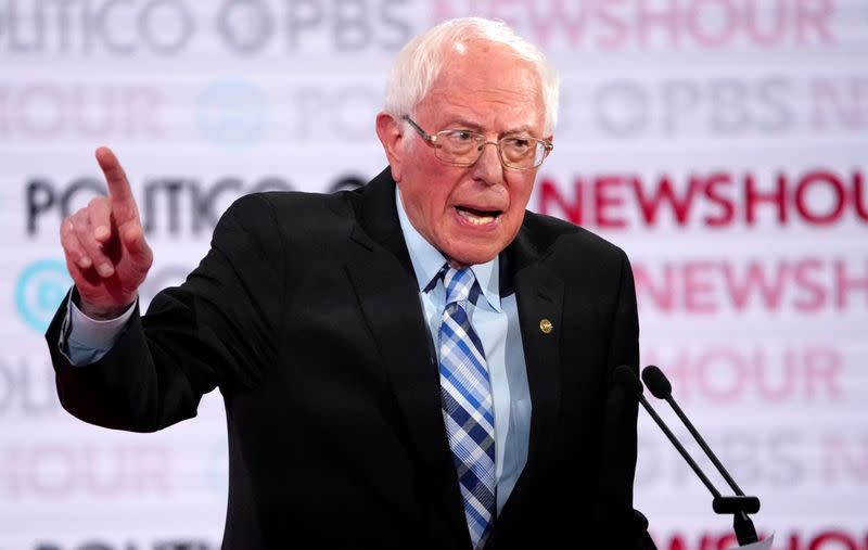 FILE PHOTO: Senator Bernie Sanders speaks during the sixth 2020 U.S. Democratic presidential candidates campaign debate at Loyola Marymount University in Los Angeles, California, U.S.