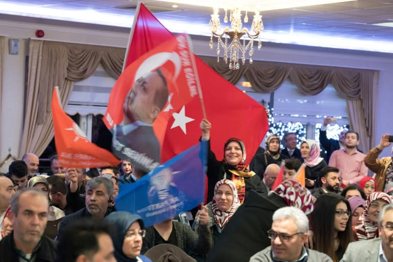 Supporters of Turkish President Recep Tayyip Erdogan at an event in Kelsterbach, Germany on Monday