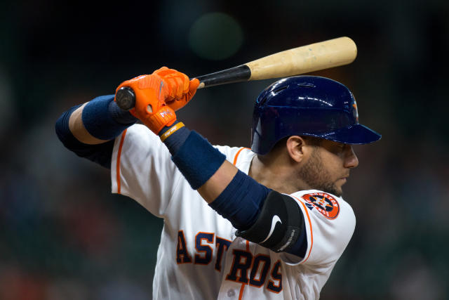 Houston, USA. 15th Oct, 2021. Houston Astros first baseman Yuli Gurriel  gestures after hitting a single in the 2nd inning in game one of the MLB  ALCS against the Boston Red Sox