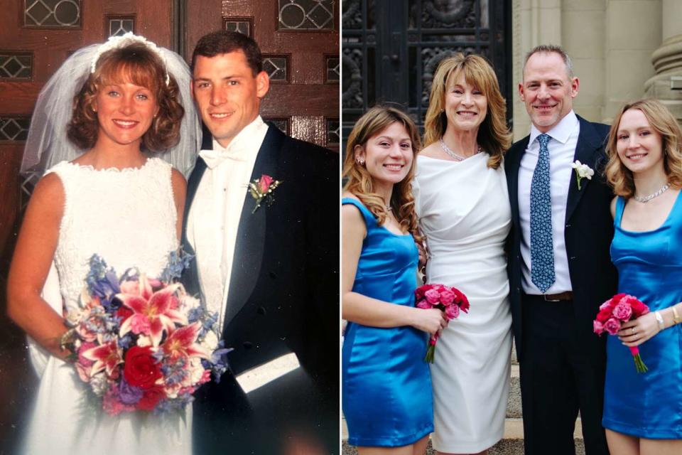 <p>Courtesy of the Gaede family; Caroline Eyer</p> Julie Shore and Scott Gaede on their 1997 wedding day, Rachel and Caroline Gaede pose with their parents on their second wedding day in 2023.