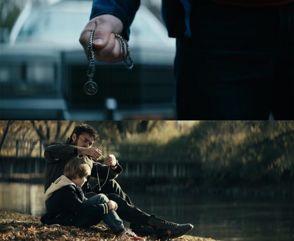 Ryan and Butcher with a necklace in seasons three and two of "The Boys."