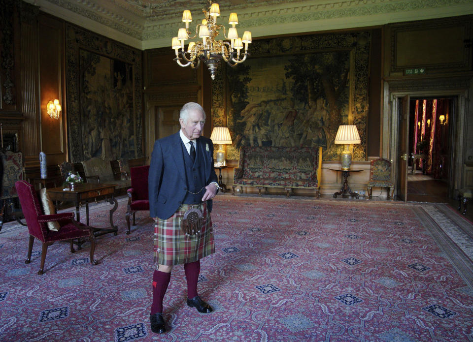 Britain's King Charles III stands before an audience with the Presiding Officer of the Scottish Parliament Alison Johnstone at the Palace of Holyroodhouse, Edinburgh, Scotland, Monday Sept. 12, 2022. (Peter Byrne/Pool via AP)