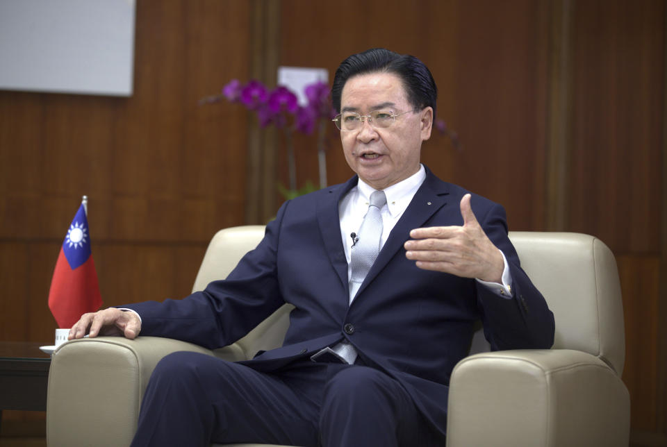 Taiwanese Foreign Minister Joseph Wu speaks during an interview with The Associated Press at his ministry in Taipei, Taiwan, Friday, May 17, 2024. (AP Photo/Chiang Ying-ying)