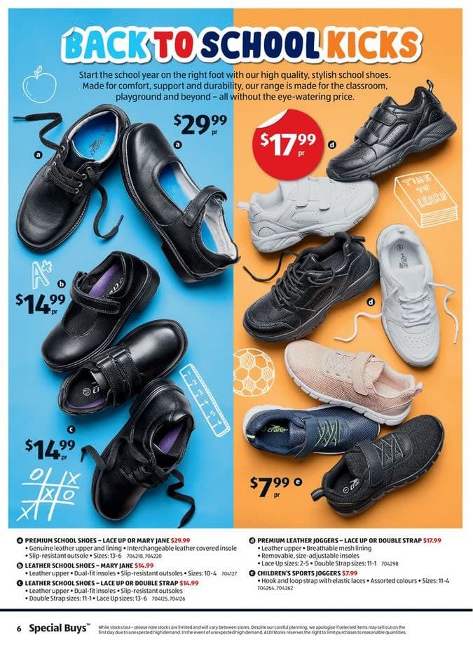 Aldi's school shoes range start at $7.99. Photo: Aldi.