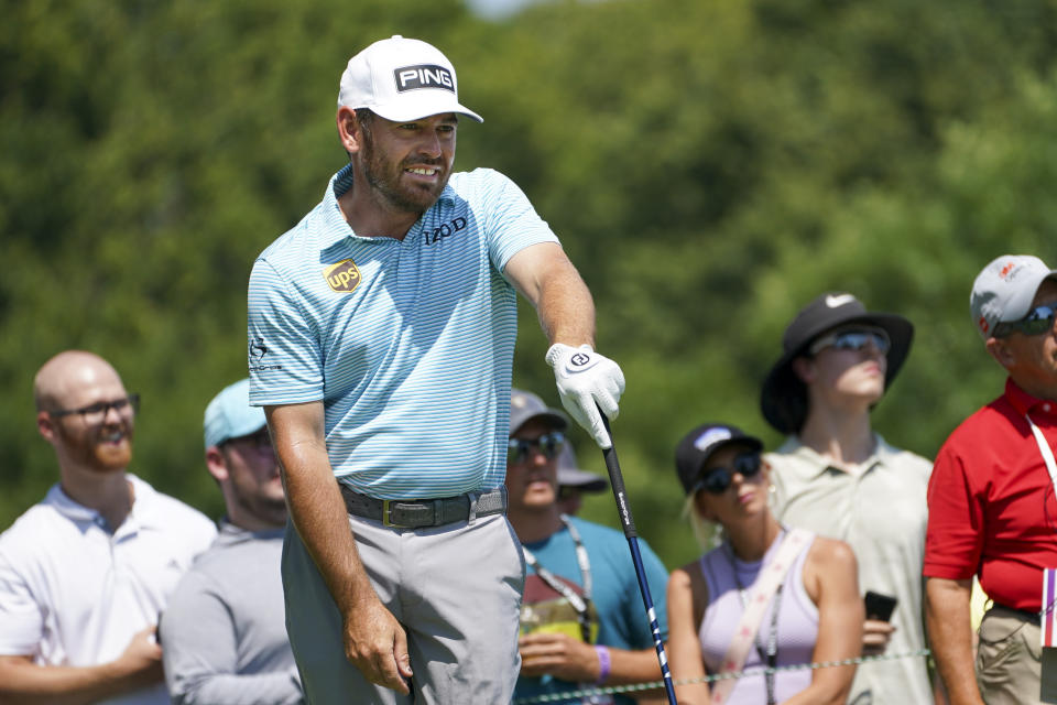 Louis Oosthuizen watches his tee shot on the 11th hole during the final round of the 3M Open golf tournament in Blaine, Minn., Sunday, July 25, 2021. (AP Photo/Craig Lassig)