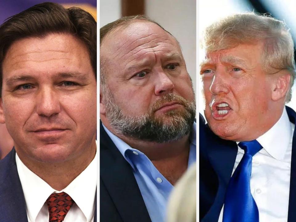 A composite image of Ron DeSantis, Alex Jones, and Donald Trump