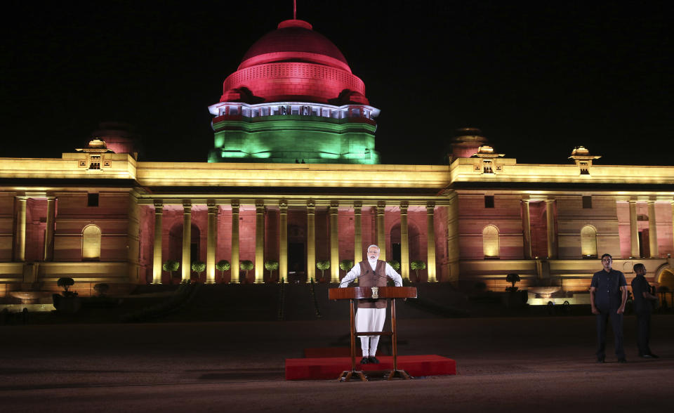 Indian Prime Minister Narendra Modi addresses the media after meeting with the President to stake claim to form the government in New Delhi, India, Saturday, May 25, 2019. Newly elected lawmakers from India's ruling alliance led by the Hindu nationalist Bharatiya Janata Party elected Narendra Modi as their leader on Saturday, paving the way for his second five-year term as prime minister after a thunderous victory in national elections. (AP Photo/Manish Swarup)