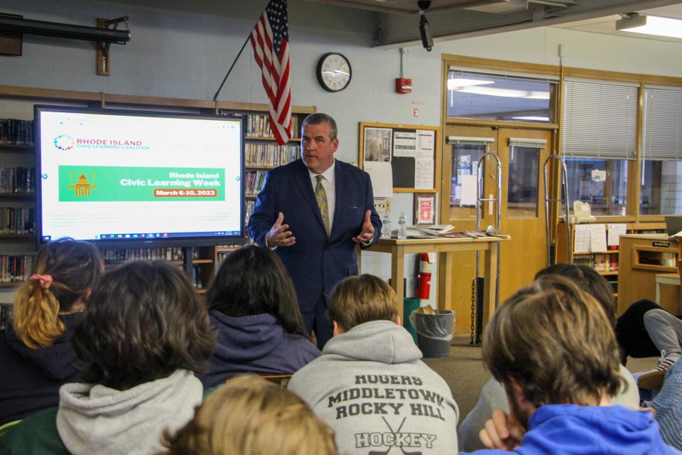 RI Secretary of State Gregg Amore, a former high school history teacher, speaks to Middletown High School students about voter rights, voter suppression, and civic responsibilities of citizens in a democracy.