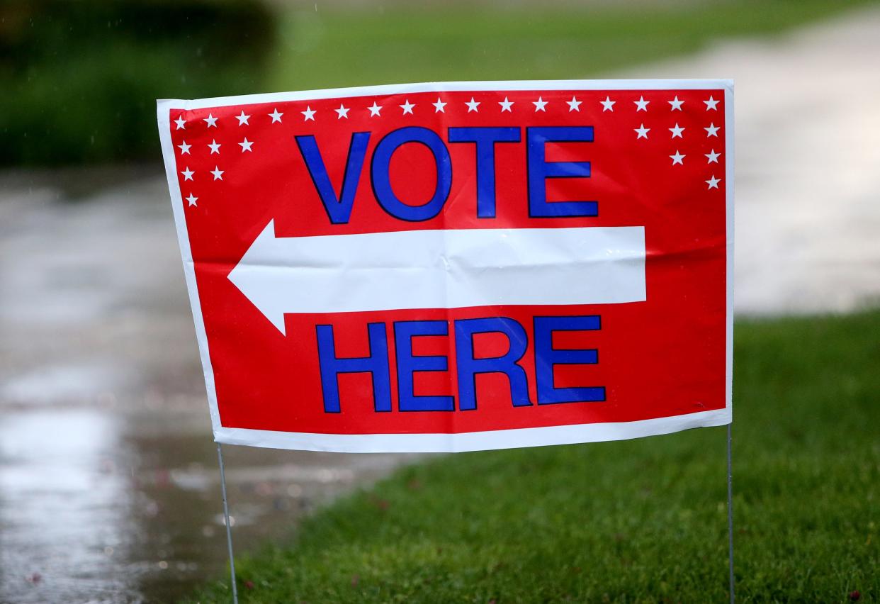 A sign at the voting center at Adams High School Tuesday, May 2, 2023, in South Bend for the 2023 primary election.